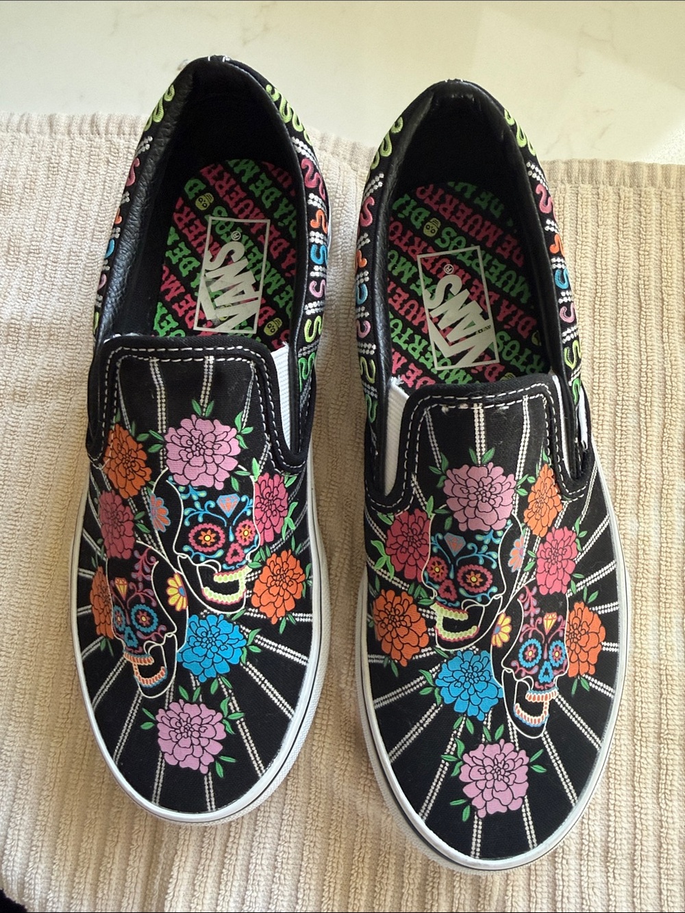 Vans Black Slip-On with Colorful Día de los Muertos Skull & Floral Print